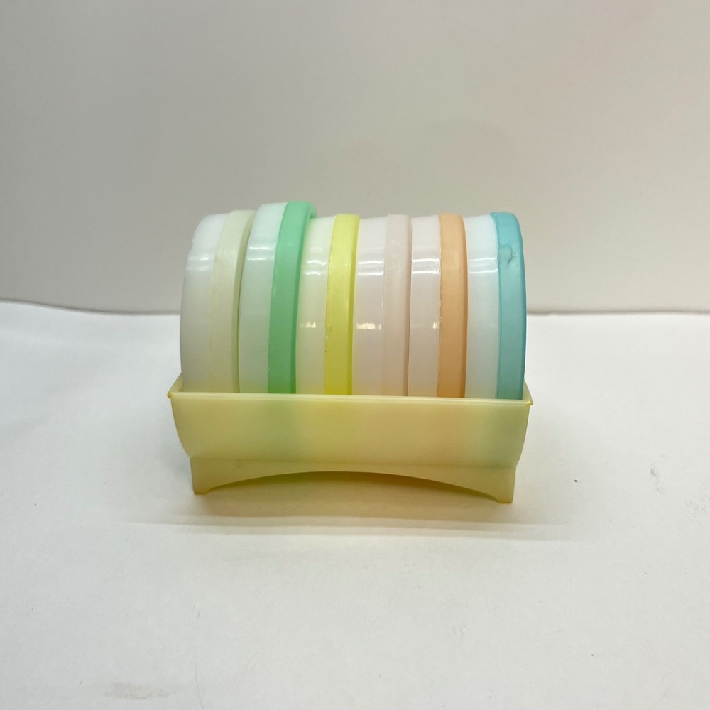 Vintage Tupperware Wagon Wheel Coaster Set of 8 Pastel Colors with Caddy 567-13